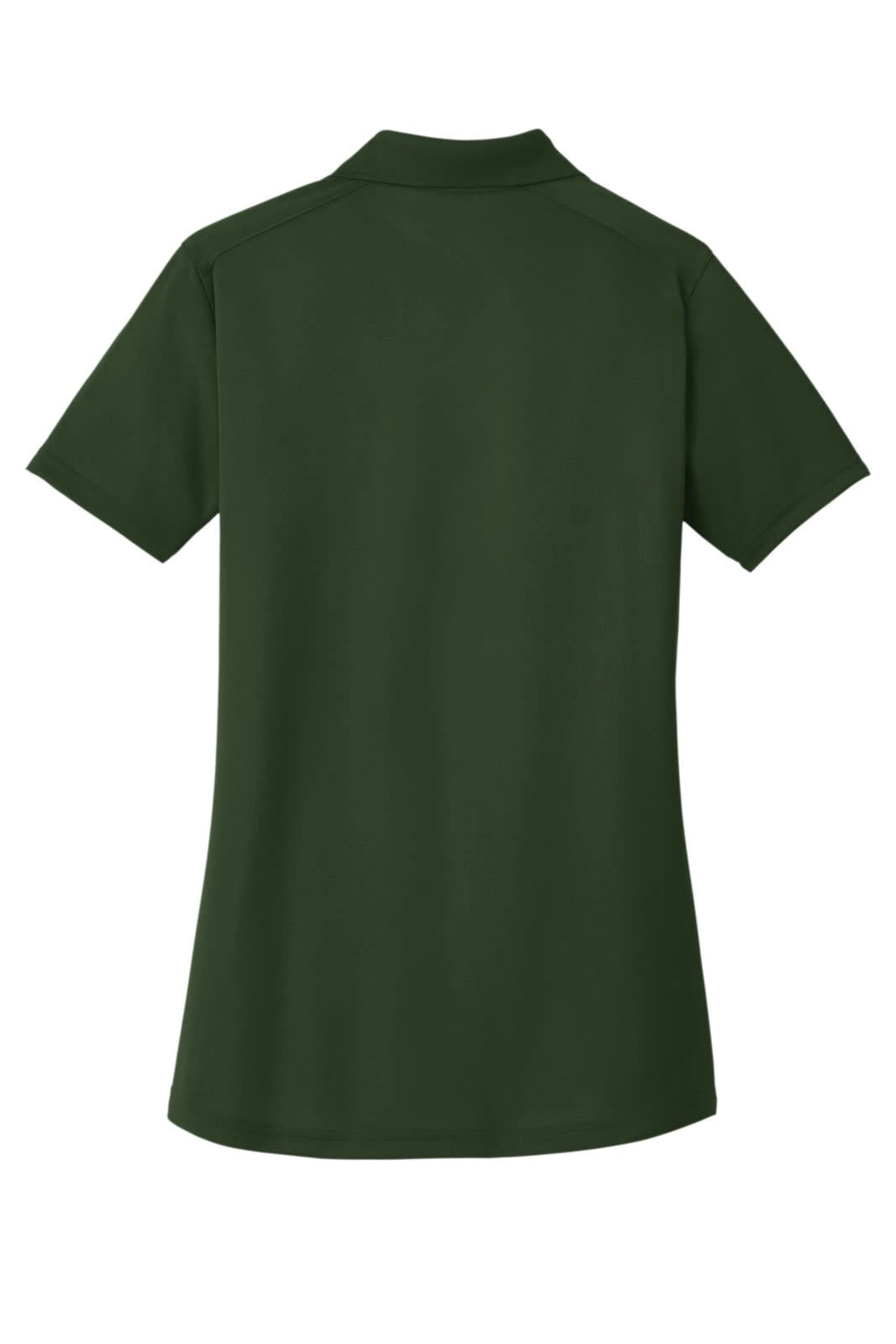 A dark green lightweight polo shirt designed for ladies, featuring a collar and short sleeves. It has a logo on it.