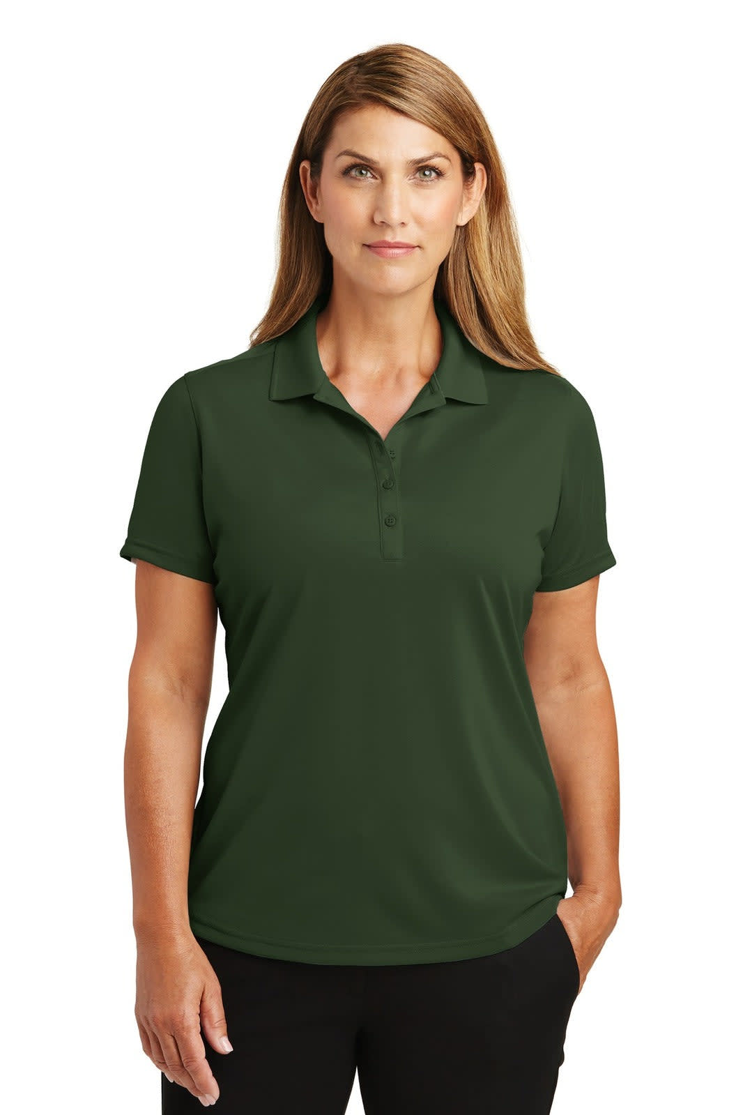 A green lightweight snag-proof polo shirt for women, featuring a classic collar and a branded logo.