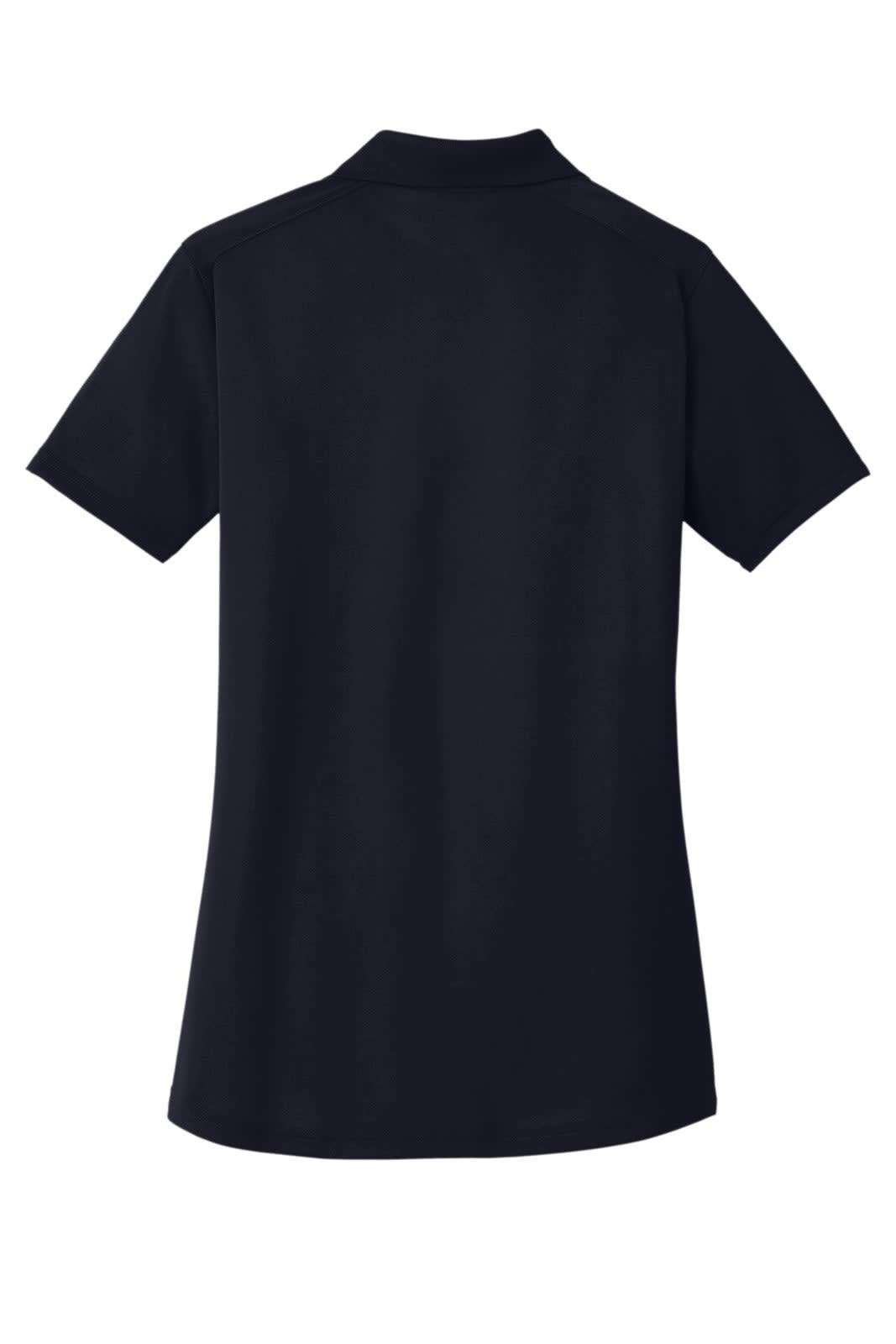A short-sleeved navy polo shirt for women, featuring a classic collar and lightweight, snag-proof fabric.