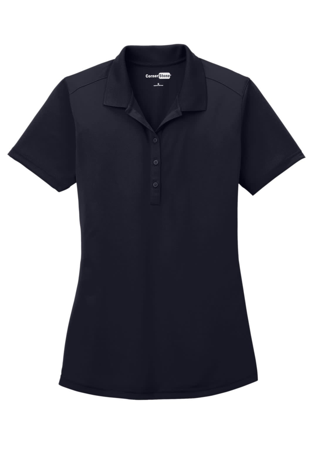 A navy blue polo shirt with a collar, short sleeves, and a button-up front. It features a logo on the label.
