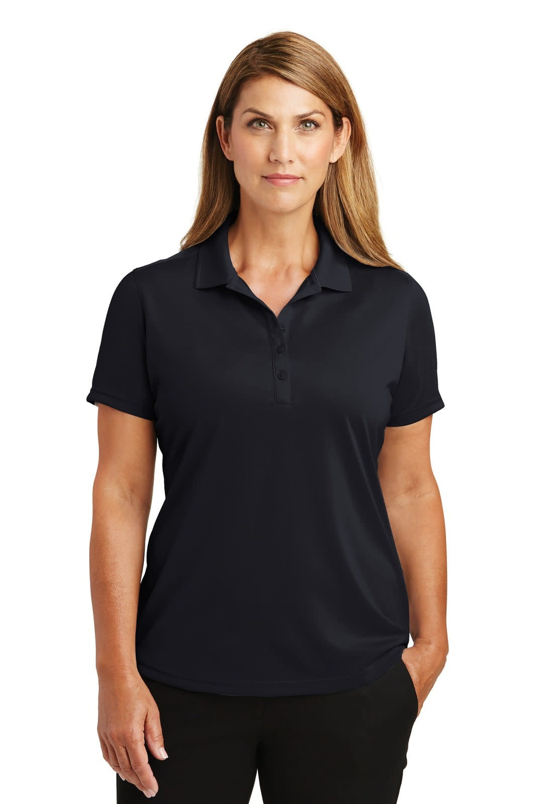 A black lightweight polo shirt for women, featuring a classic collar and a logo on the chest.