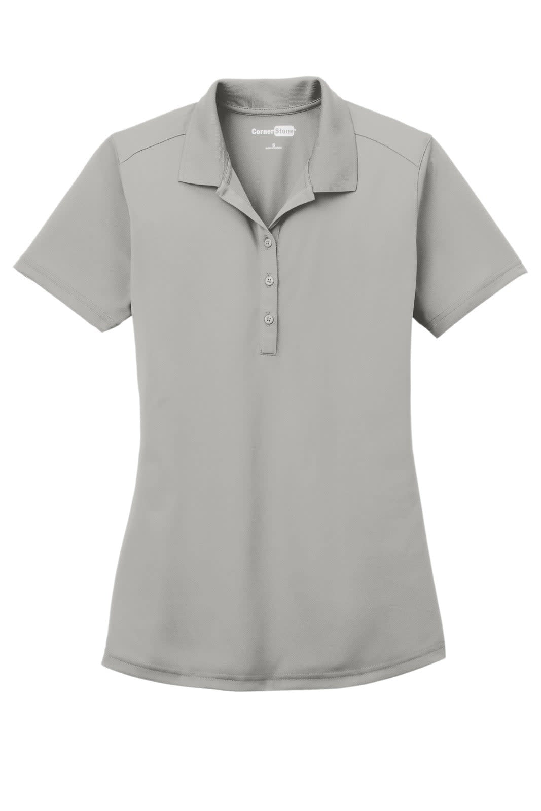 A grey lightweight polo shirt with a four-button placket and short sleeves, featuring a logo on the chest.