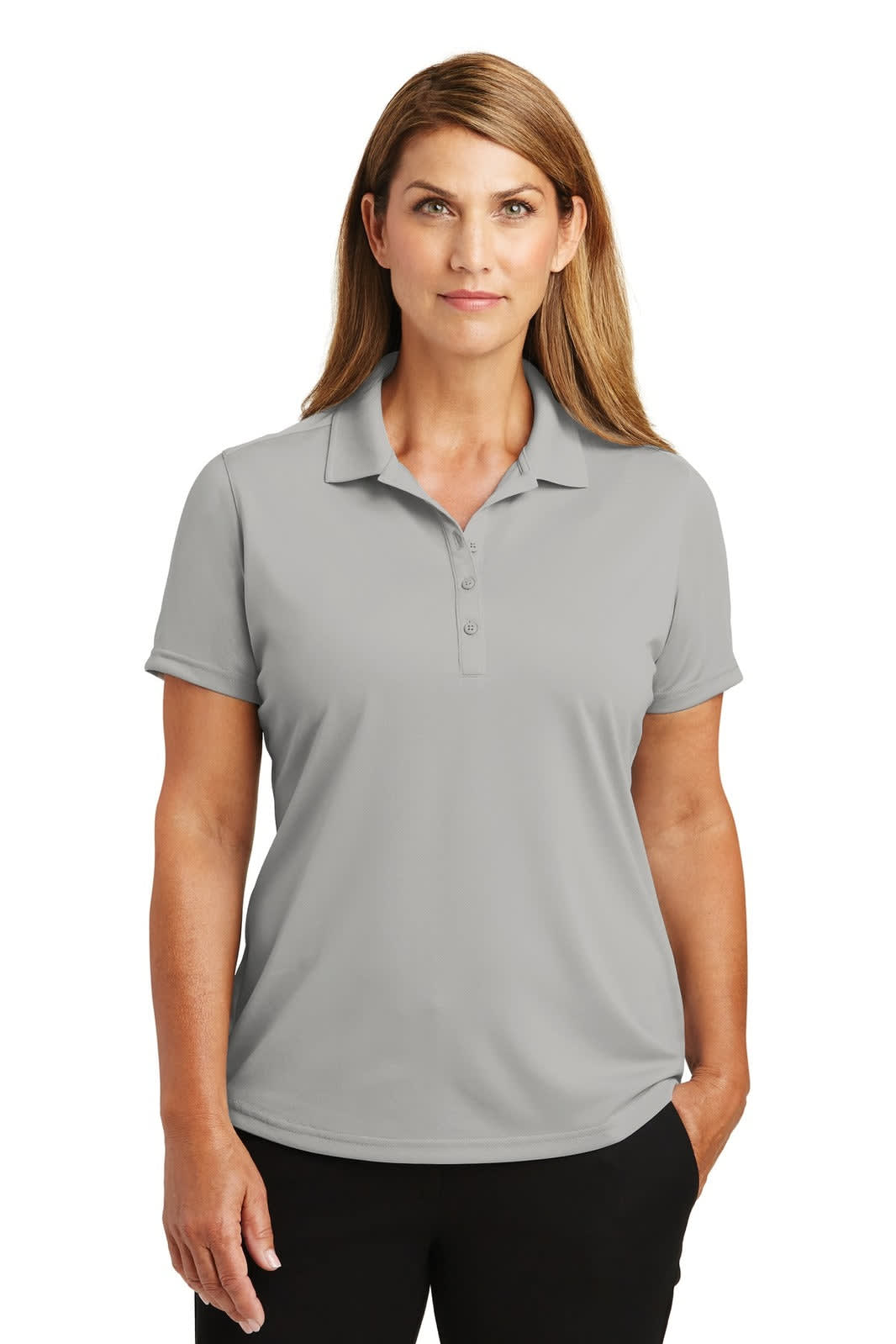 A lightweight, snag-proof polo shirt for women in light grey, featuring a collar and short sleeves, with a logo.