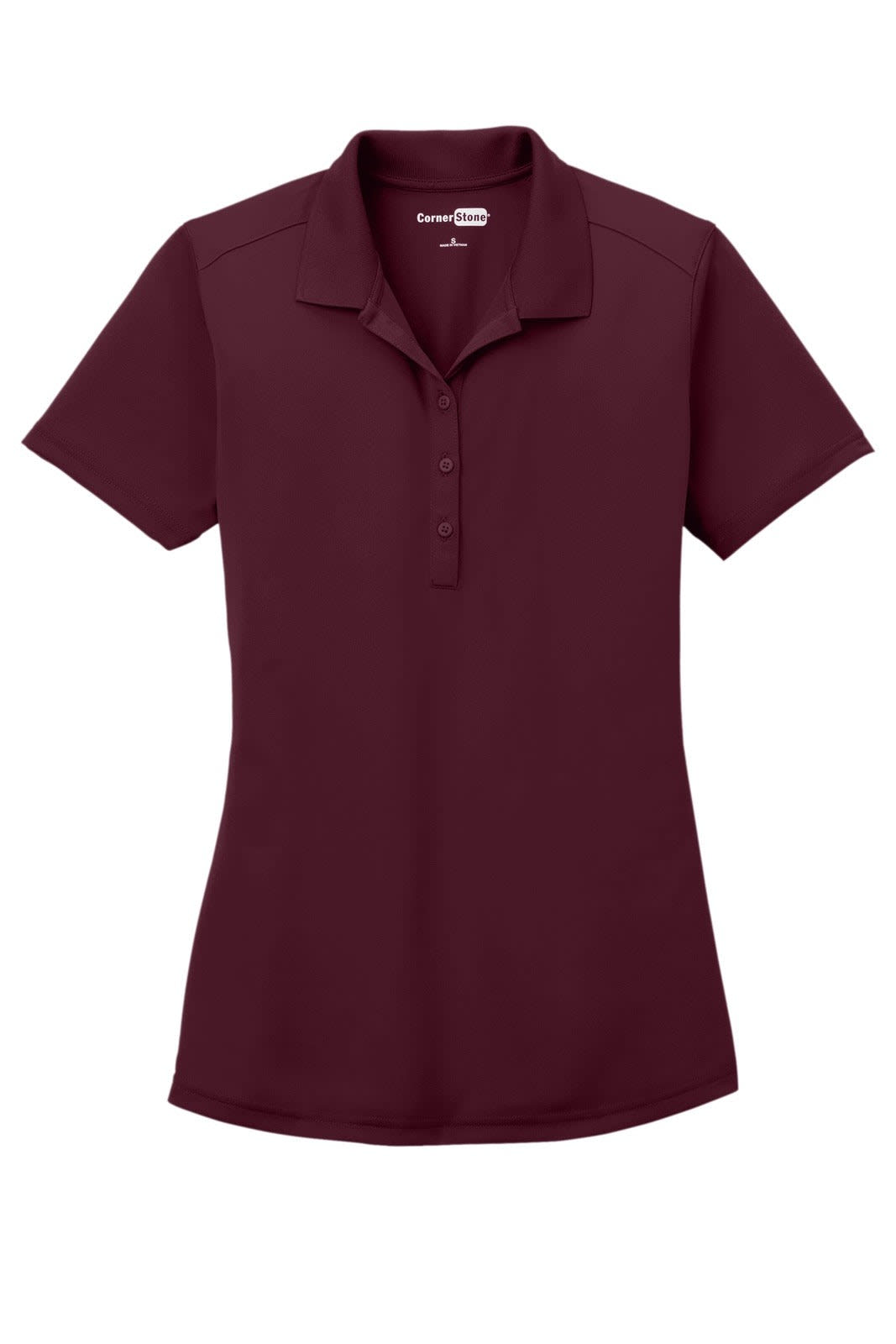 A maroon ladies' lightweight snag-proof polo shirt with a collar and buttons, featuring a logo.