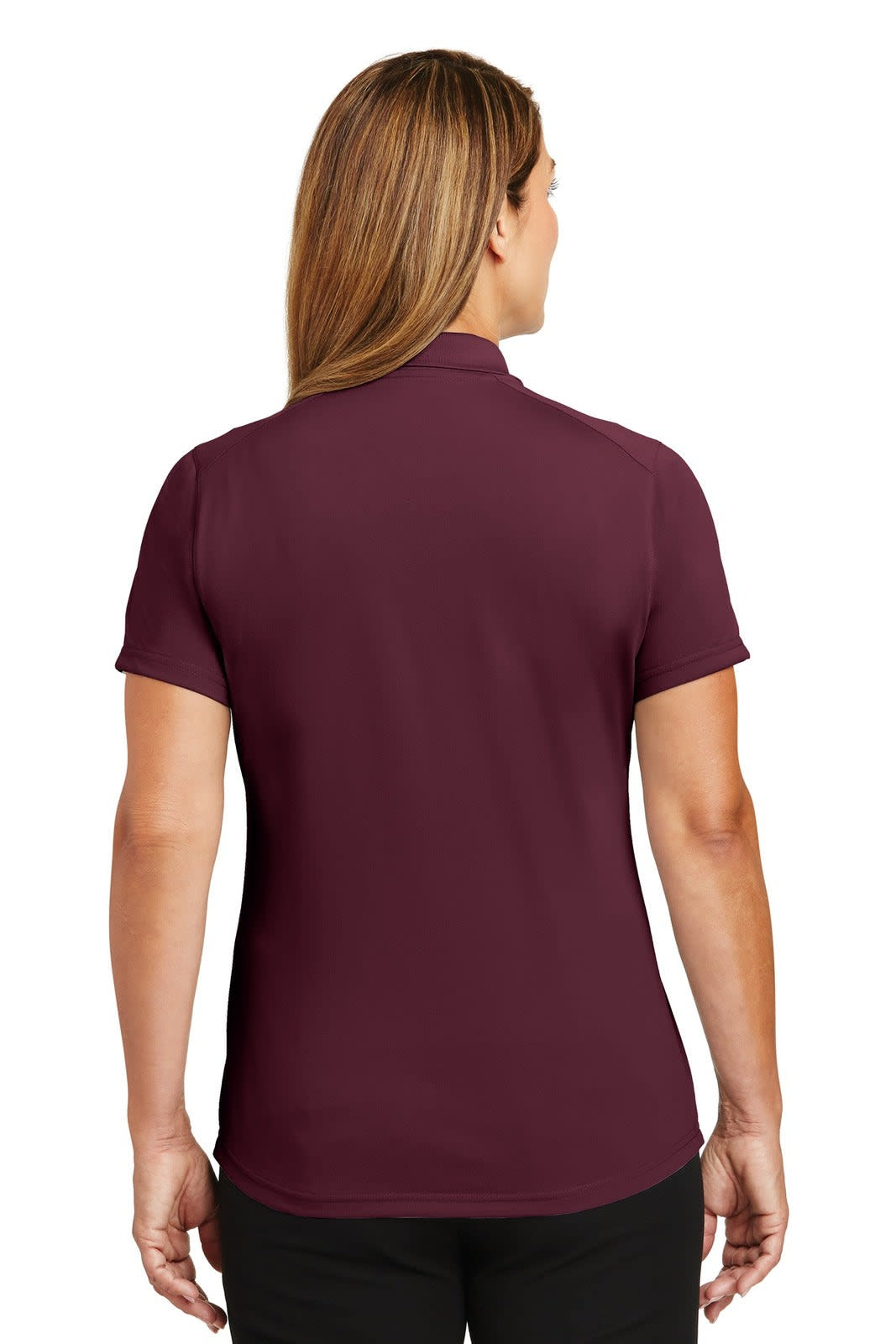 A burgundy polo shirt with a fitted design and short sleeves, featuring a logo on the back.