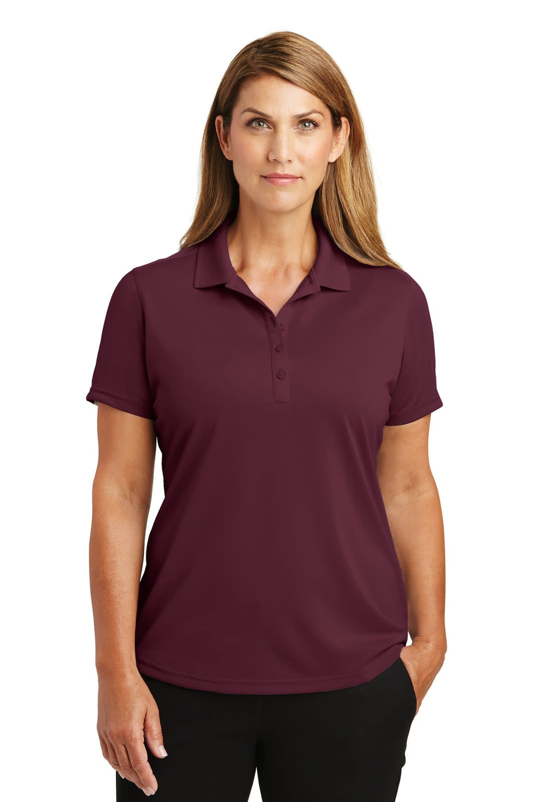 A maroon lightweight polo shirt for women with a collar and short sleeves, featuring a logo.