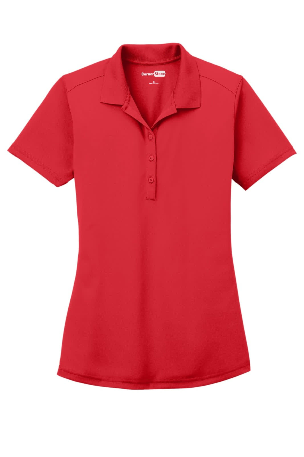 A red polo shirt with a collar, featuring a button placket and short sleeves. It has a logo on the upper front.