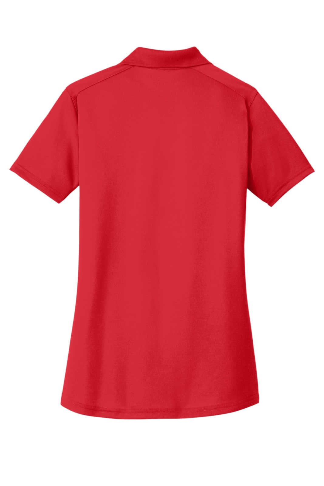 A red ladies' polo shirt with a lightweight, snag-proof design and a logo on the back. Suitable for workwear.