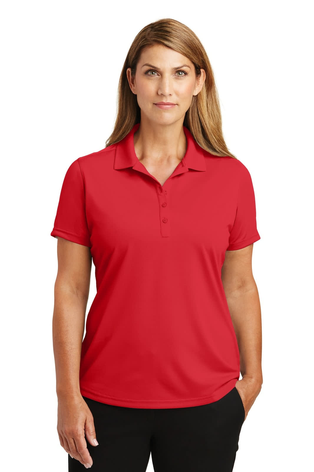 A woman wearing a red polo shirt with a classic collar and short sleeves, featuring a logo.