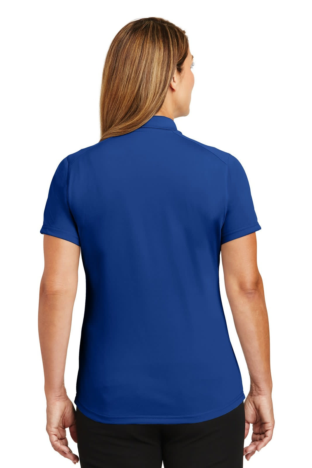 A blue polo shirt with a short sleeve design featuring a back view. It has a logo on the collar.