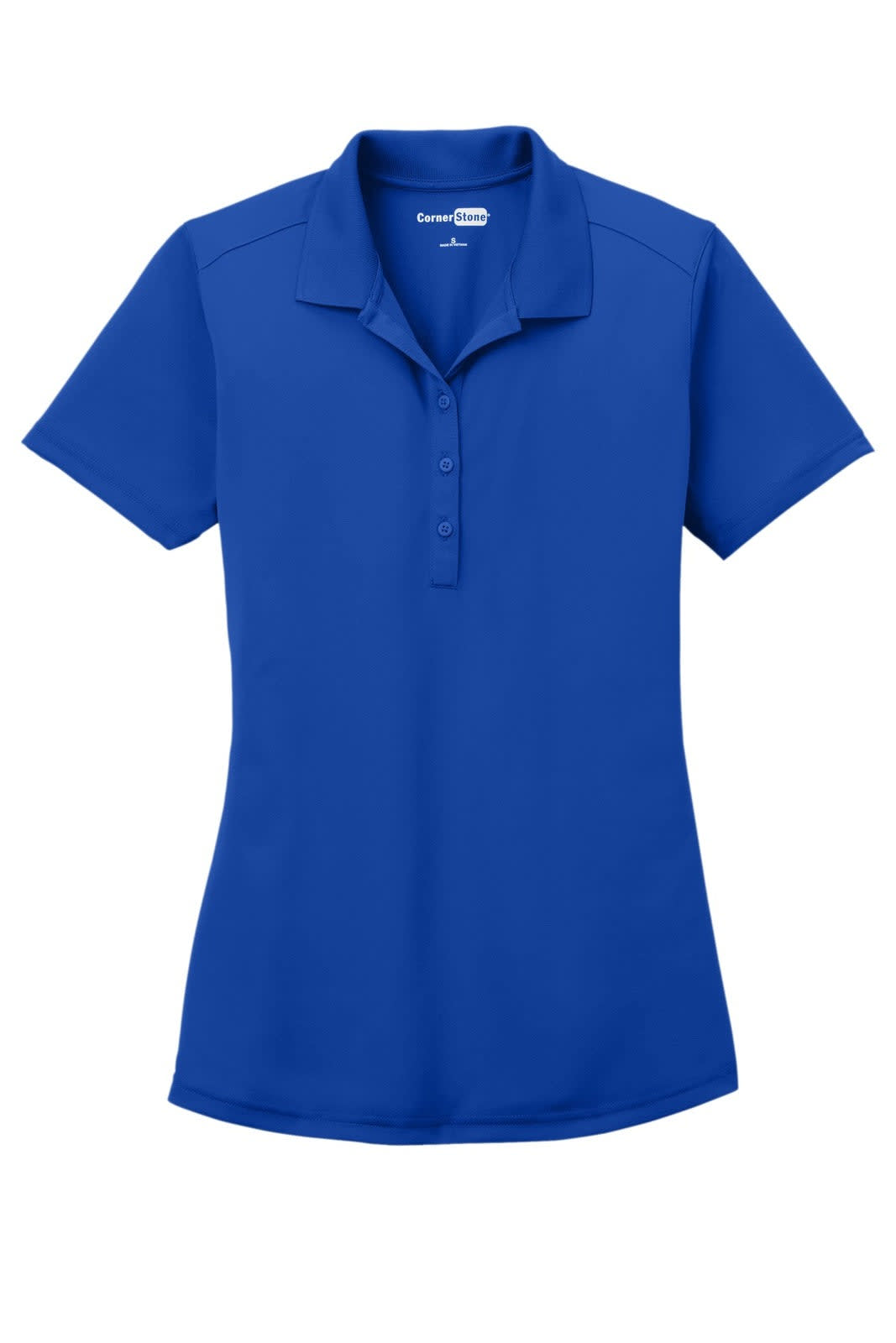 A blue ladies' polo shirt made from lightweight, snag-proof material with a collar and buttons, featuring a logo.