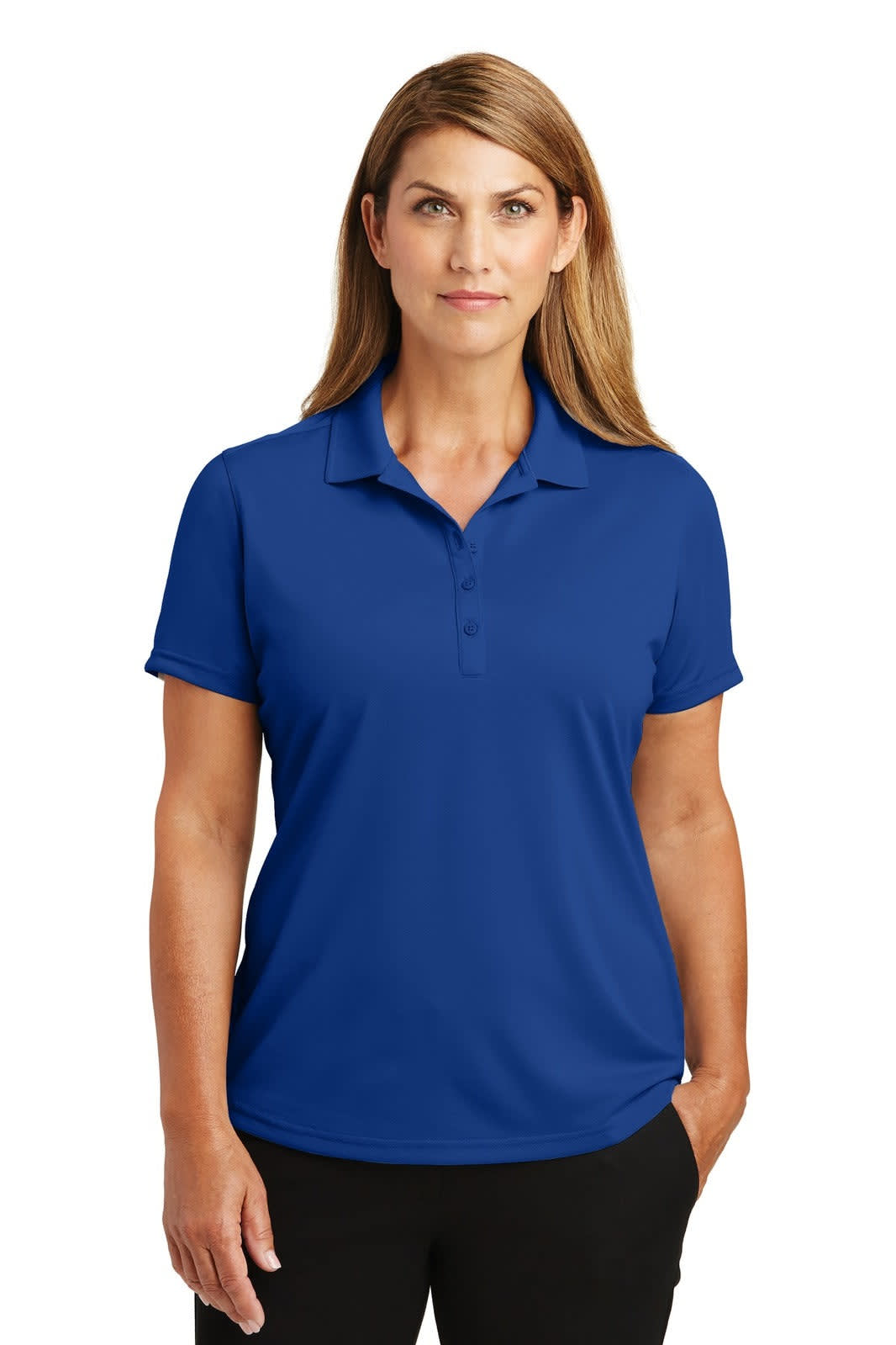 A lightweight snag-proof polo in royal blue, designed for women, featuring a collar and short sleeves.