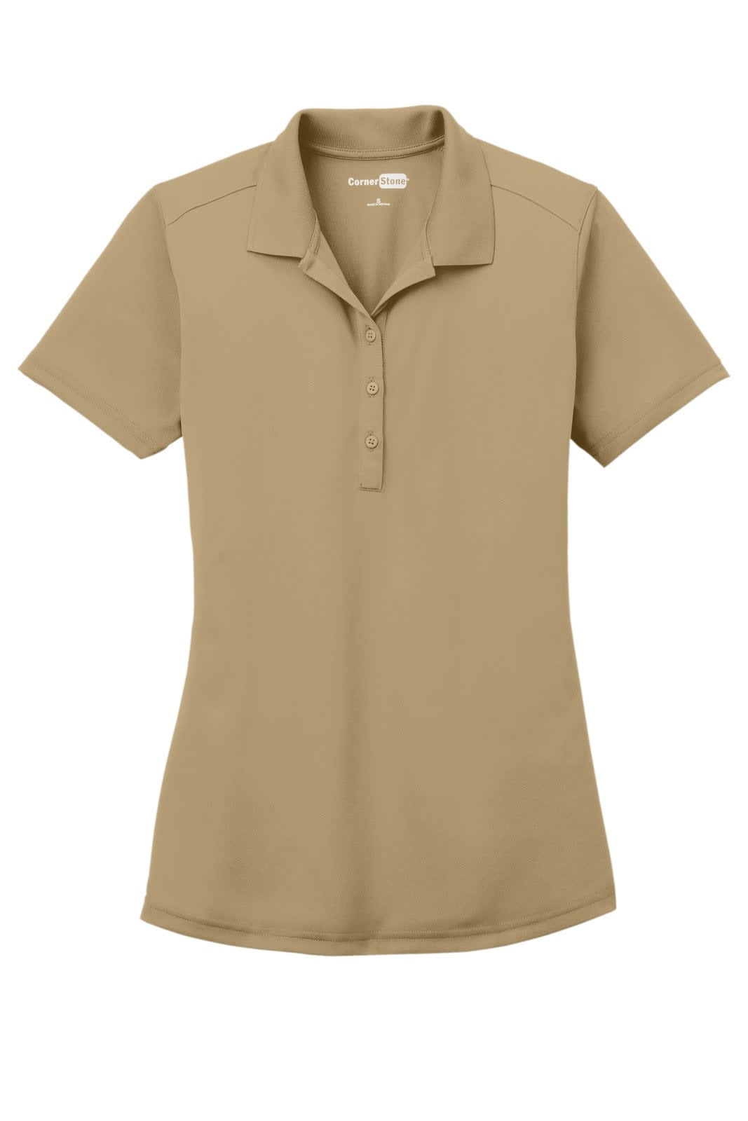 A khaki lightweight polo shirt for women with a fitted design and a collar. It features a button-up front and has a logo.