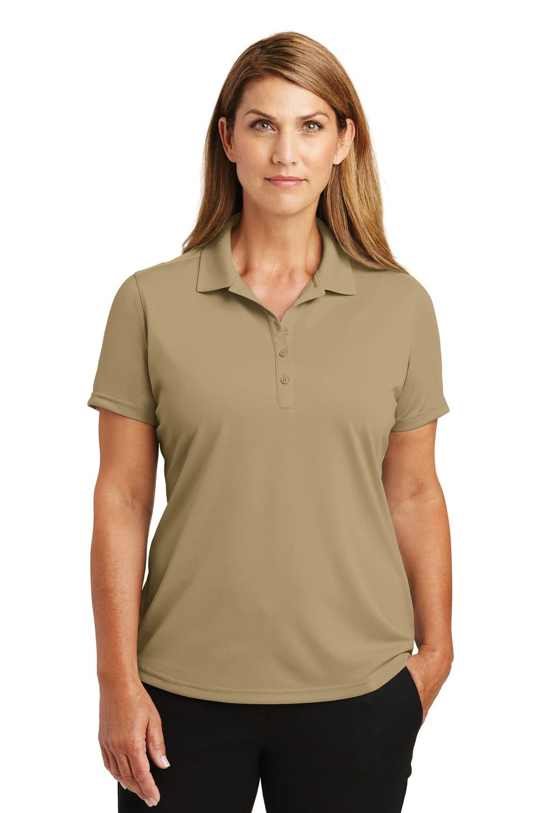 A lightweight snag-proof polo shirt in tan, featuring a collar and short sleeves, with a logo present.