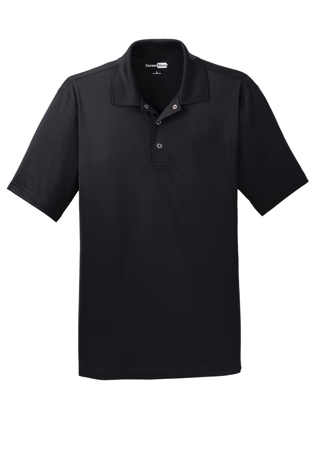 A black polo shirt with a collar and three buttons, featuring a logo on the chest.