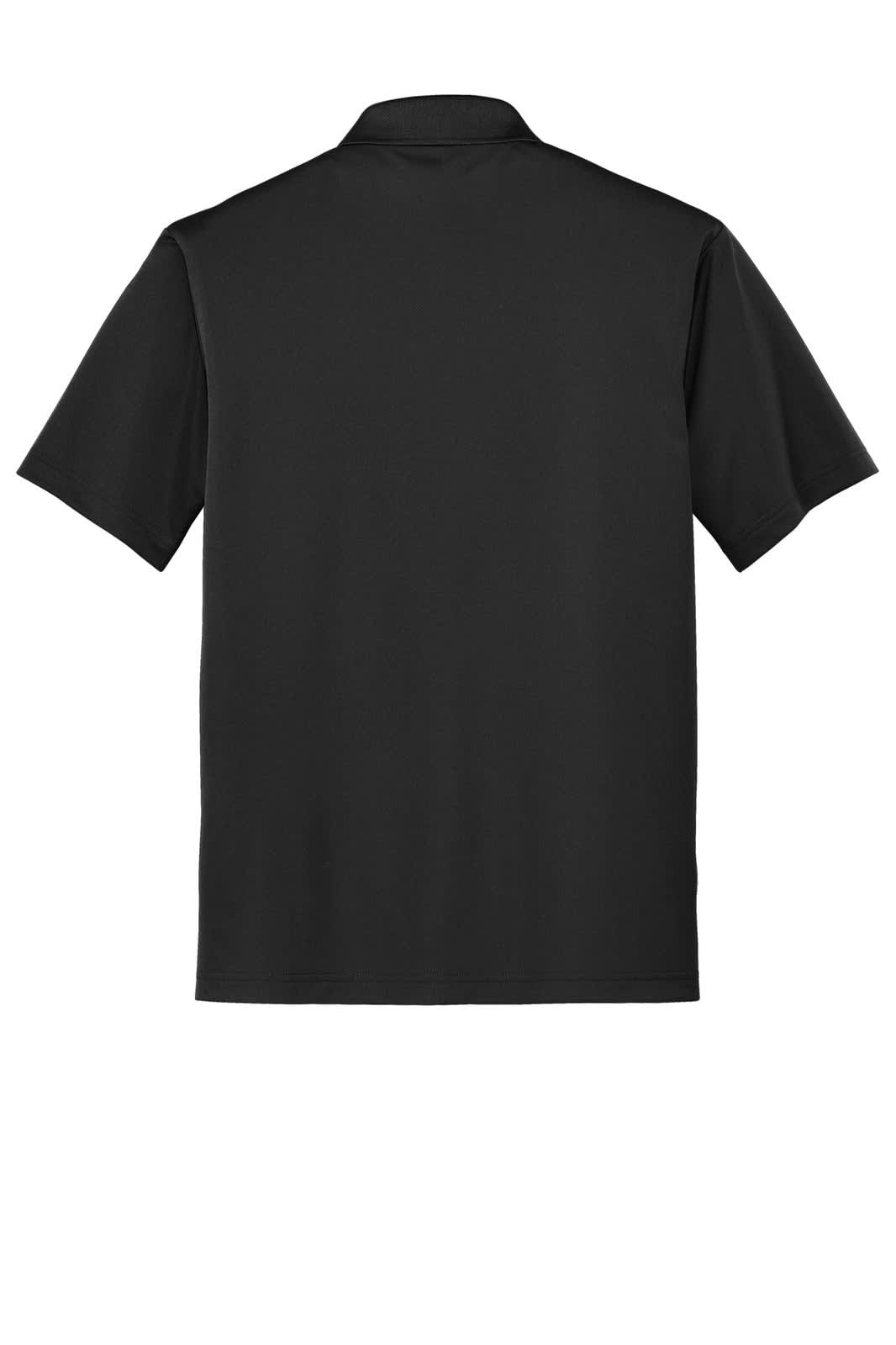 A black polo shirt with short sleeves and a collar, featuring a plain back design and a logo branding.