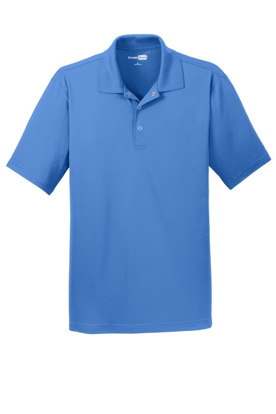 A blue polo shirt featuring a classic collar and a three-button placket, with a logo on the chest.