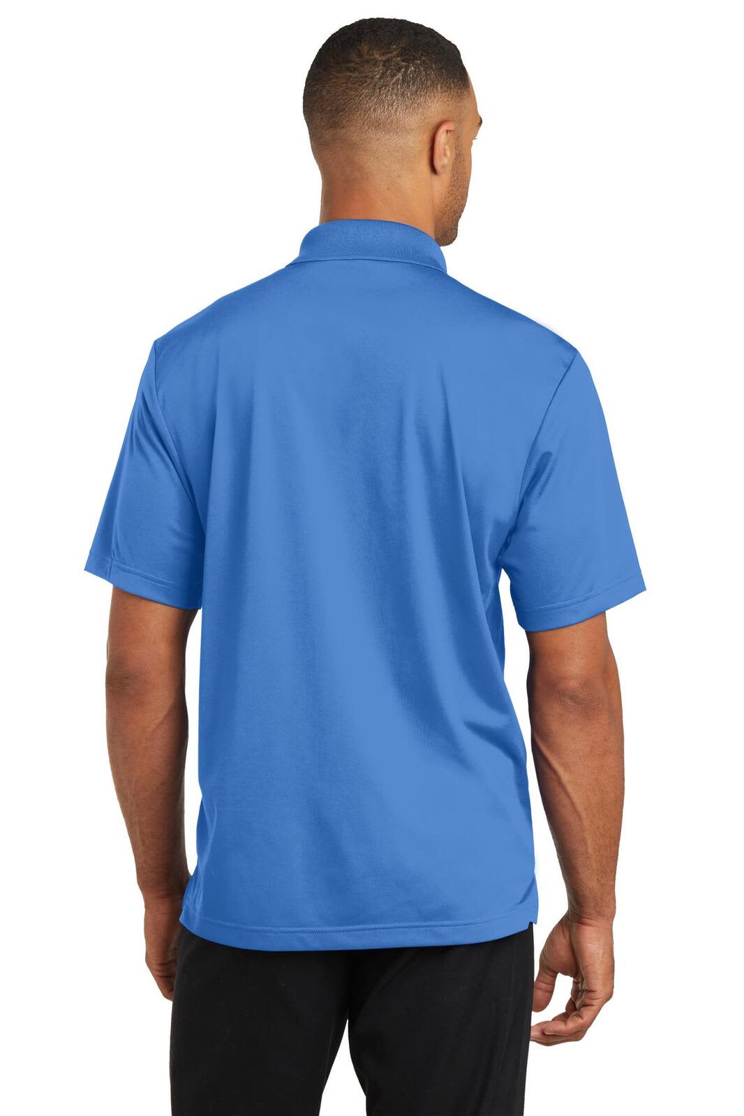 A blue polo shirt from the back featuring a collar, short sleeves, and a logo on the upper back.