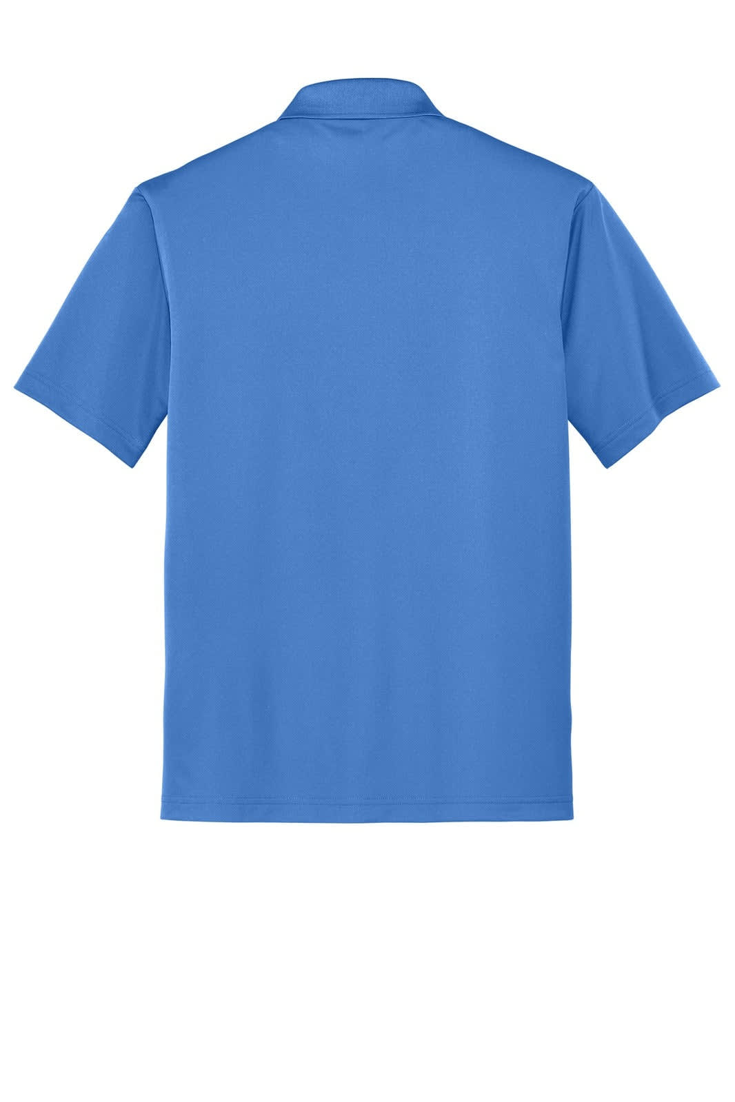 Blue polo shirt featuring a collar and short sleeves, with a logo on the back.