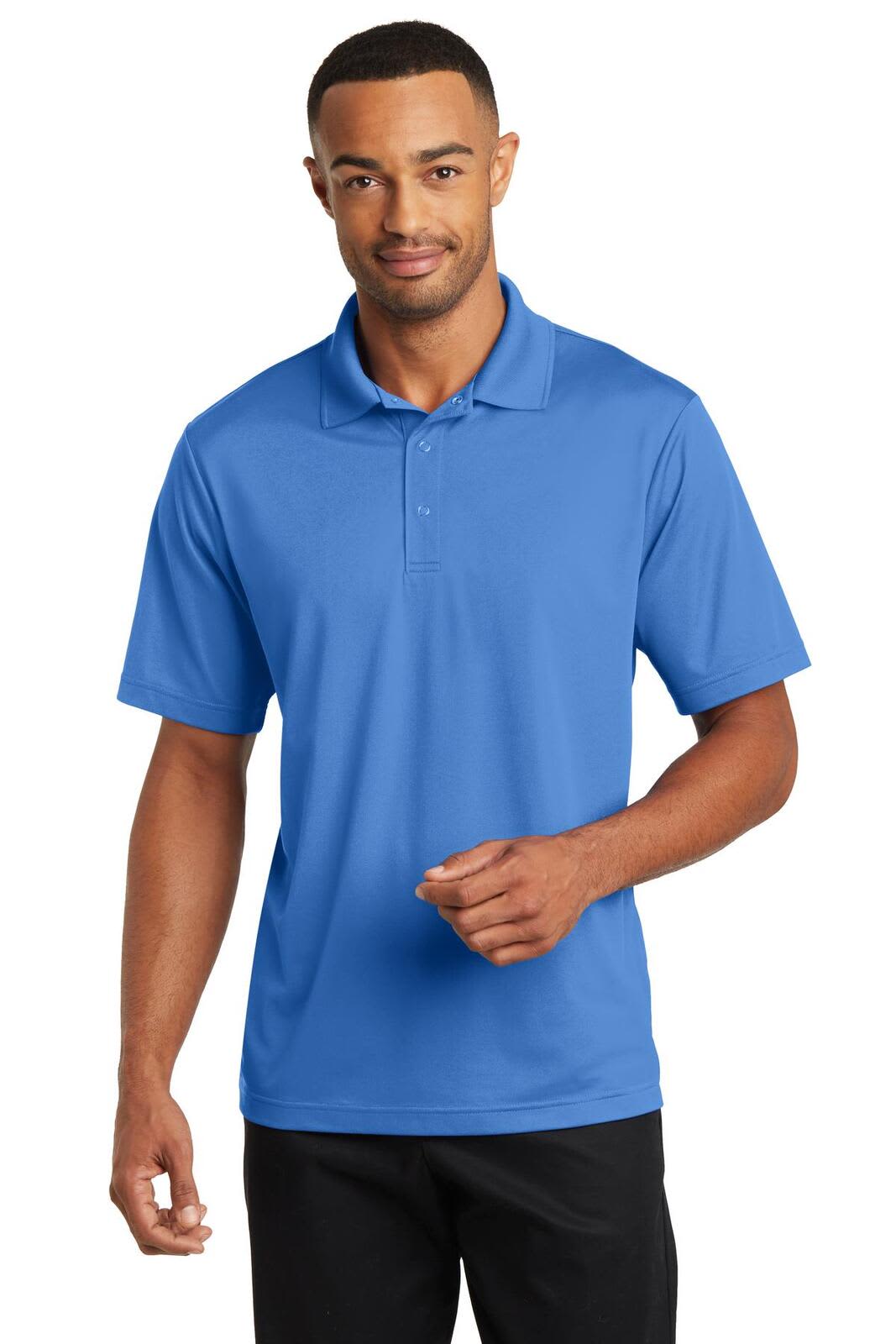 A blue polo shirt featuring a collar and short sleeves, modelled by a man. The shirt has a logo on it.