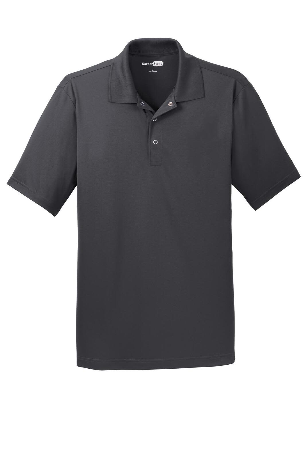 A dark grey polo shirt featuring a three-button placket and a logo. Lightweight and suitable for casual wear.