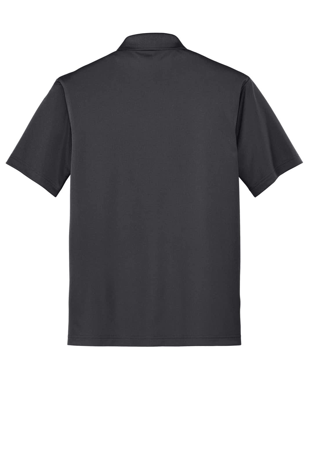 A dark grey polo shirt with a short sleeve design is displayed, featuring a collar and a logo.
