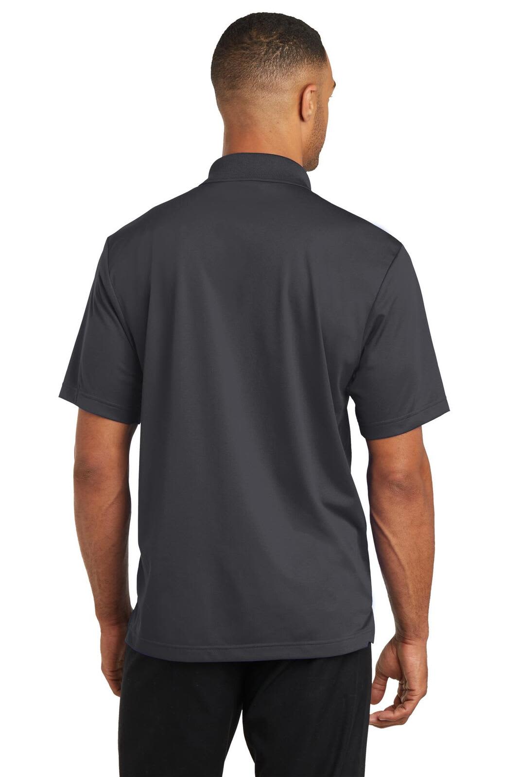 A man wearing a grey polo shirt is shown from the back, featuring a collar and short sleeves. The shirt has a logo.