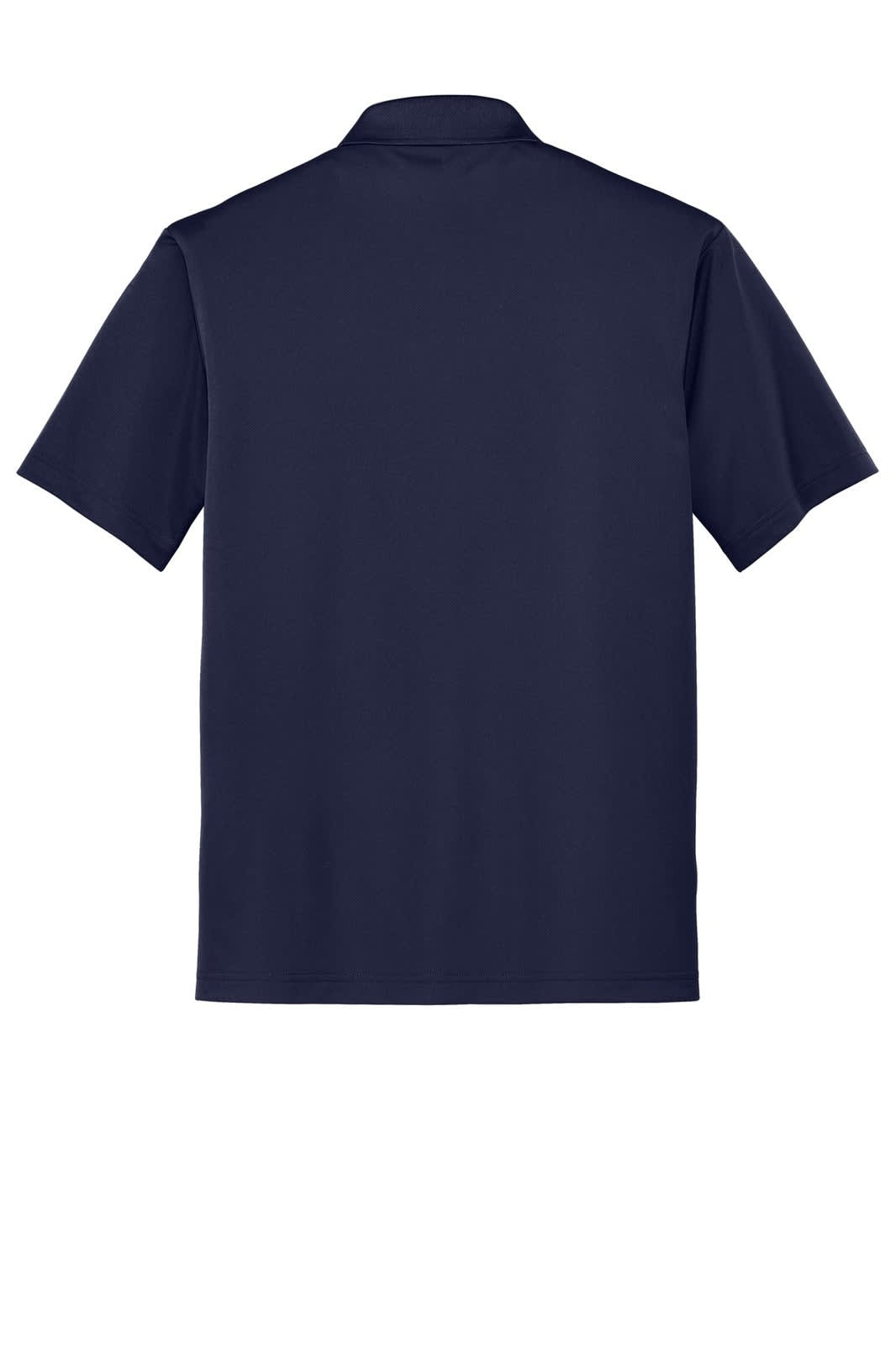 A navy blue polo shirt with a classic collar and short sleeves, featuring a logo on the back.