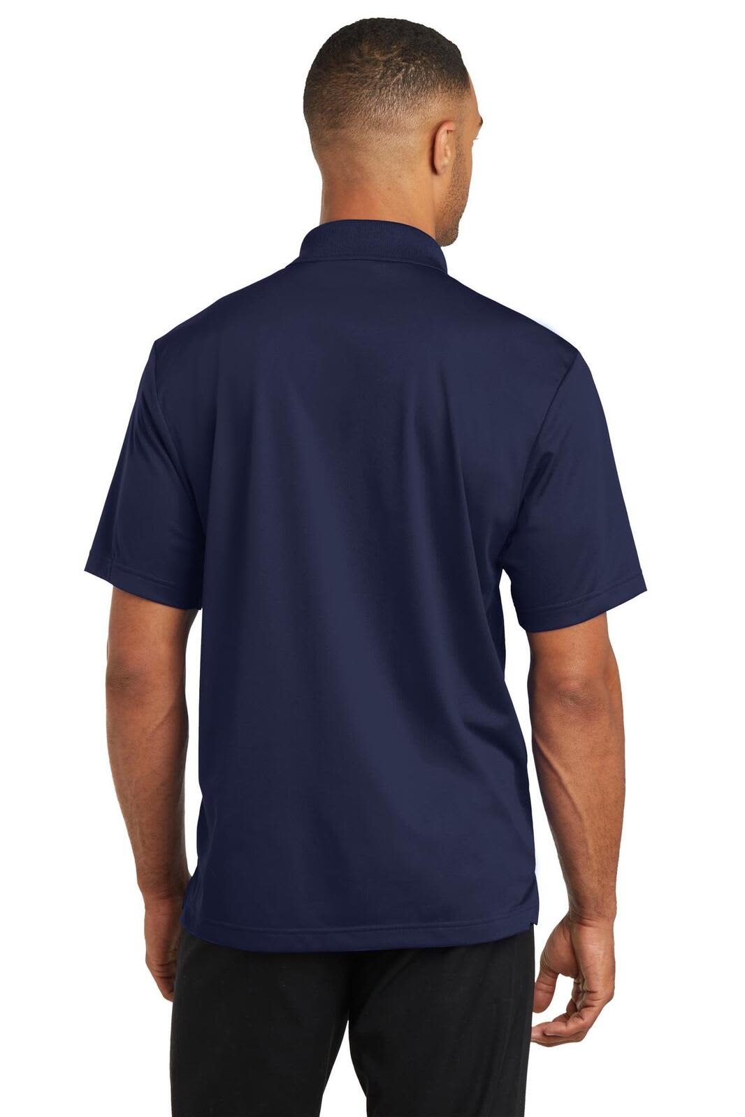 A navy blue polo shirt with a collar and short sleeves, featuring a logo on the back.