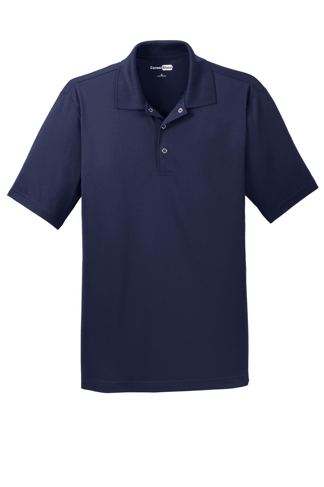 A navy blue polo shirt with a collar, featuring a logo and three buttons on the placket.