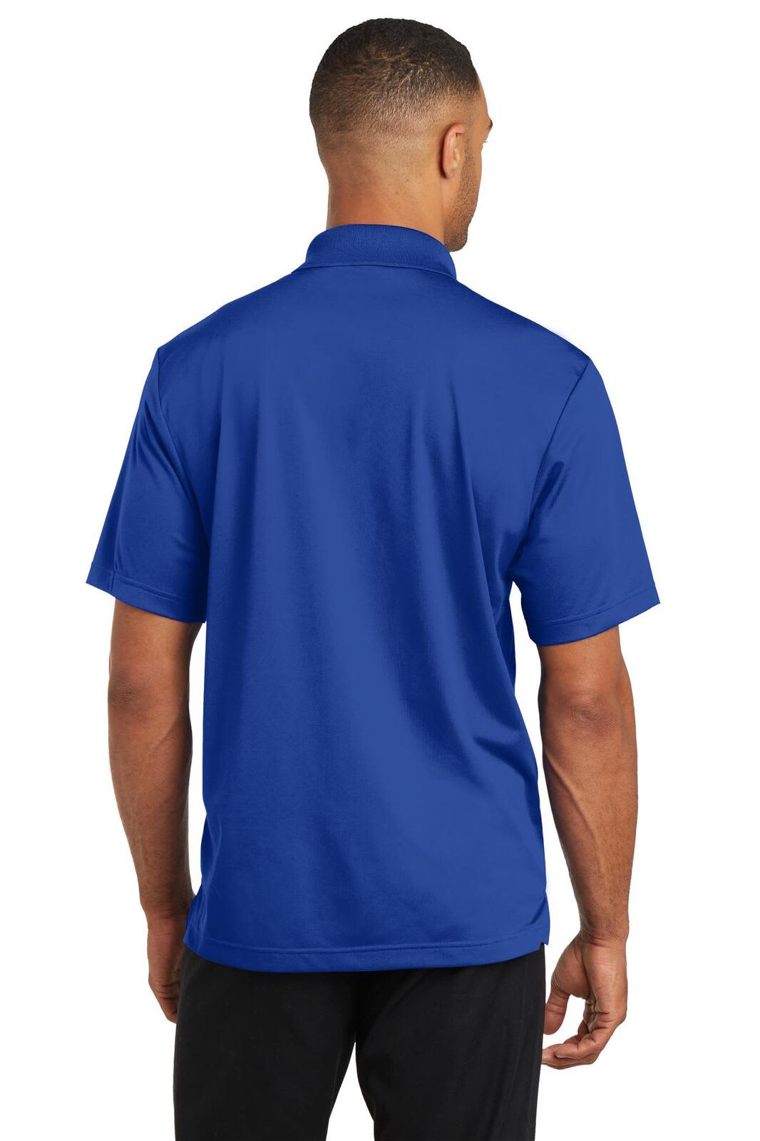 A blue polo shirt with a collar and short sleeves, displayed from the back, featuring a logo.