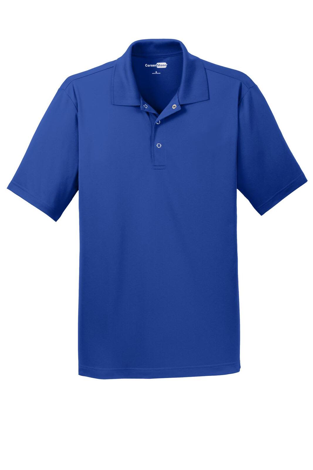 A blue polo shirt featuring a three-button placket and a logo on the collar.