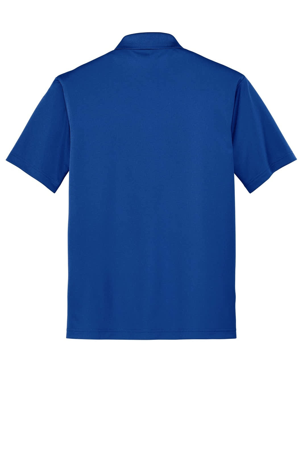 A blue polo shirt with a collared design and short sleeves, displaying a logo on the back.