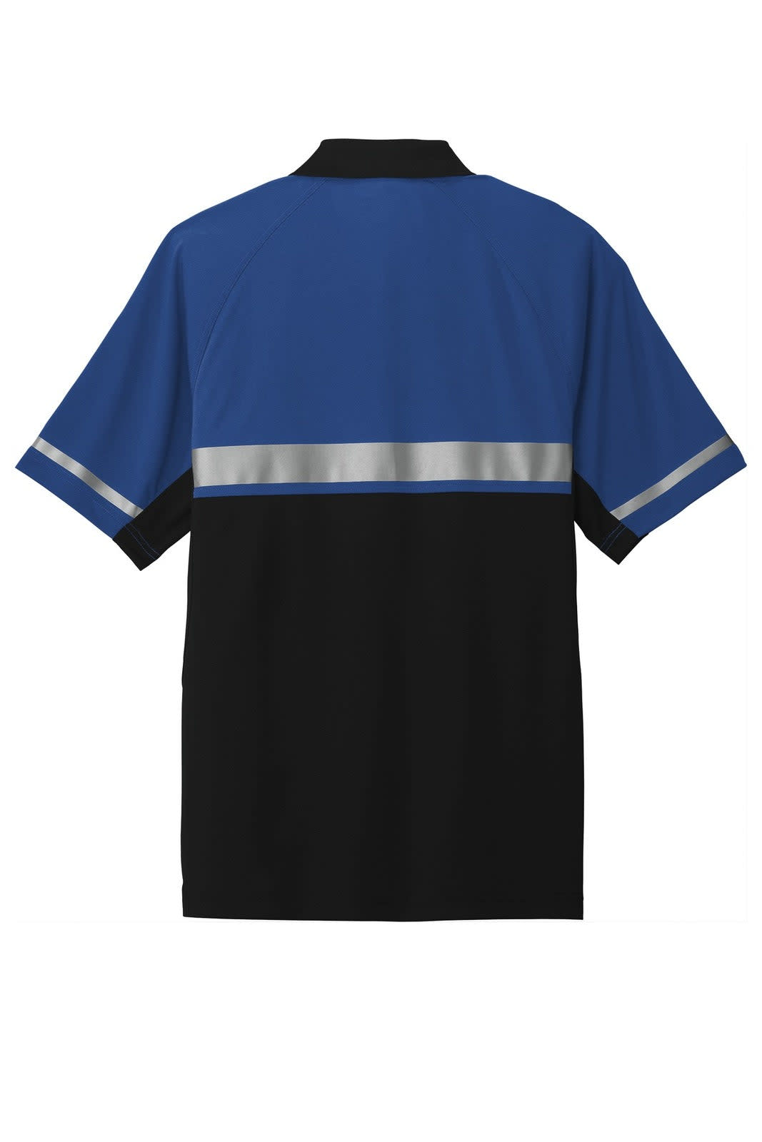 A blue and black polo shirt featuring reflective stripes and a logo on the chest area.