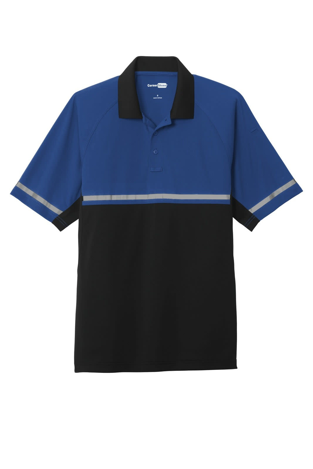 A blue and black polo shirt with reflective stripes and a logo. Features a classic collar and short sleeves.
