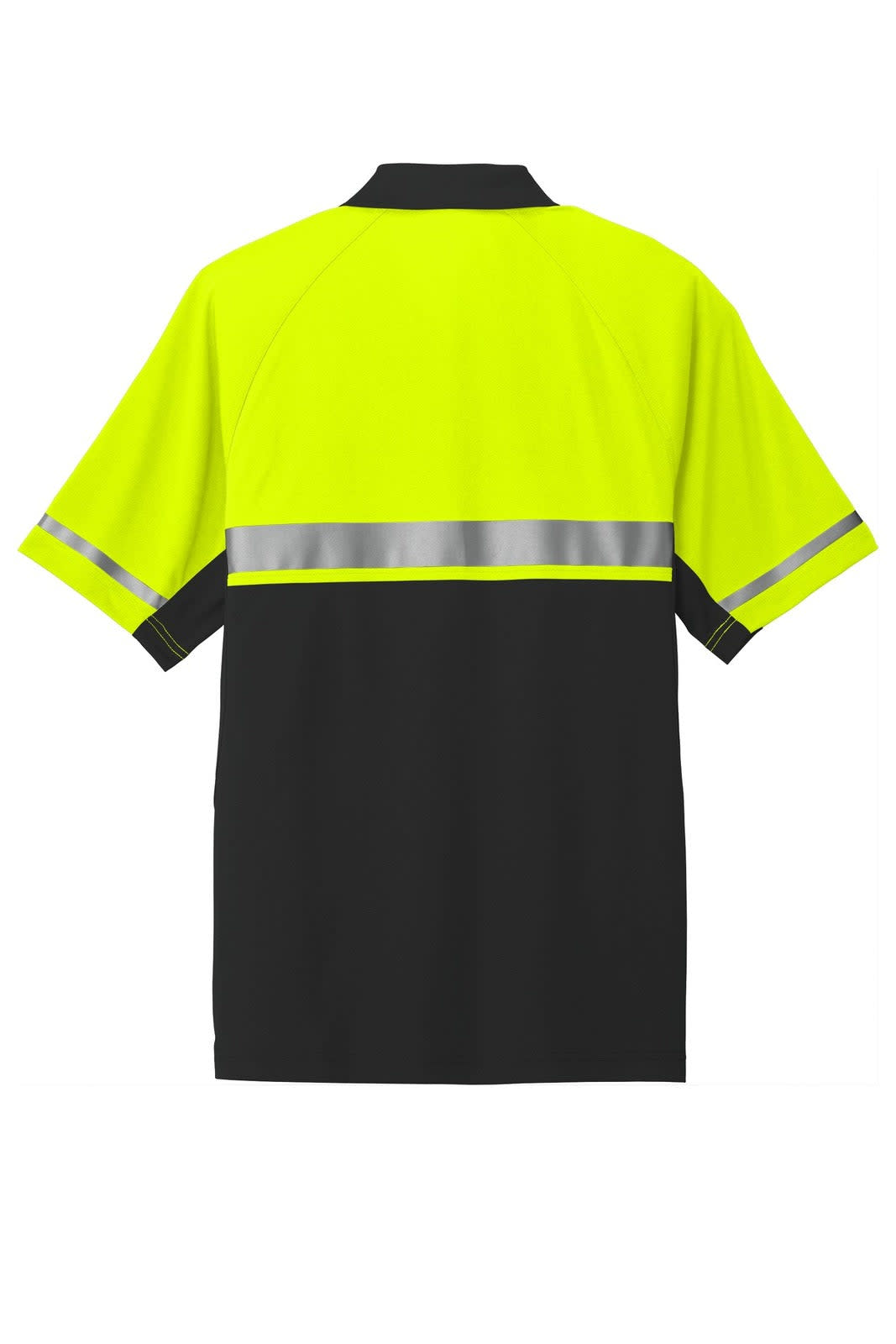 A lightweight polo shirt in hi-vis yellow with black sleeves and reflective stripes, featuring a logo on the front.