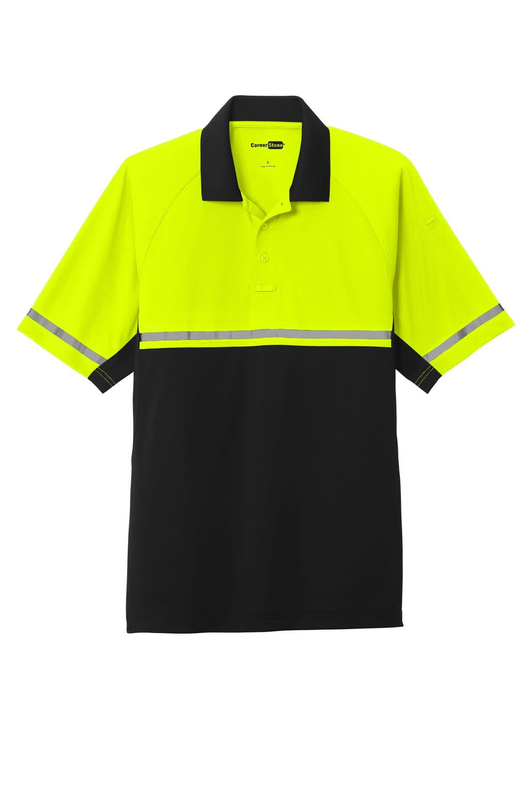 A lightweight polo shirt in high visibility yellow and black, featuring reflective stripes and a logo.