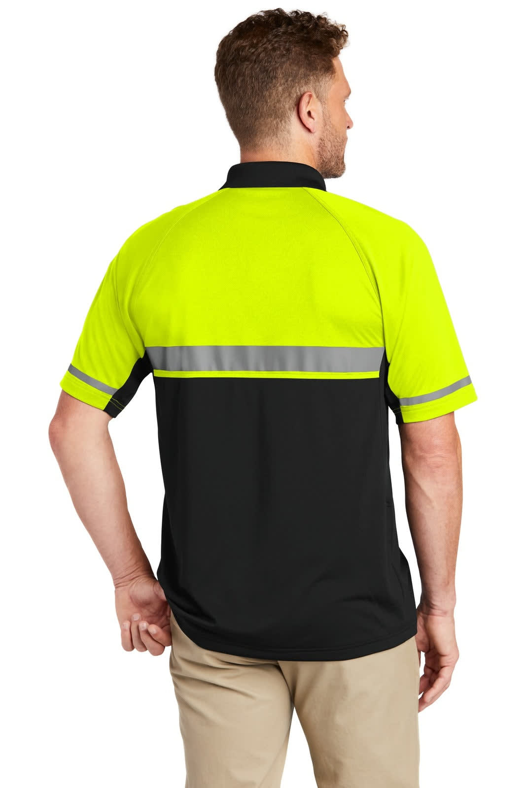A lightweight, snag-proof polo shirt in high visibility yellow with black accents and reflective stripes on the back.
