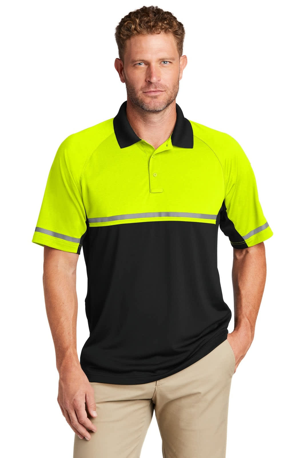 A lightweight, snag-proof work polo in bright yellow and black with reflective stripes and a logo.