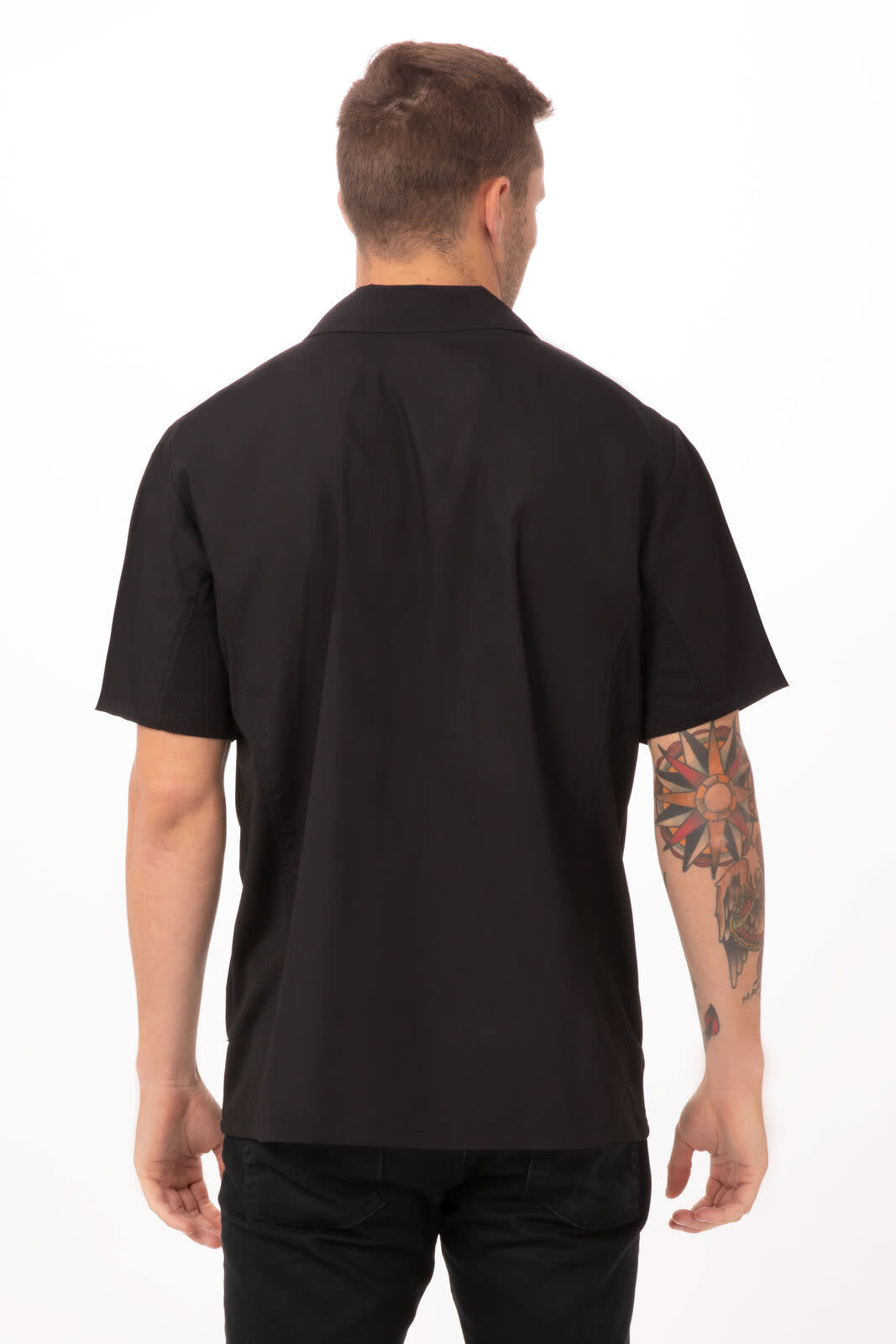 A black short-sleeved cook shirt with a classic collar, featuring a back yoke design and a logo on the side.