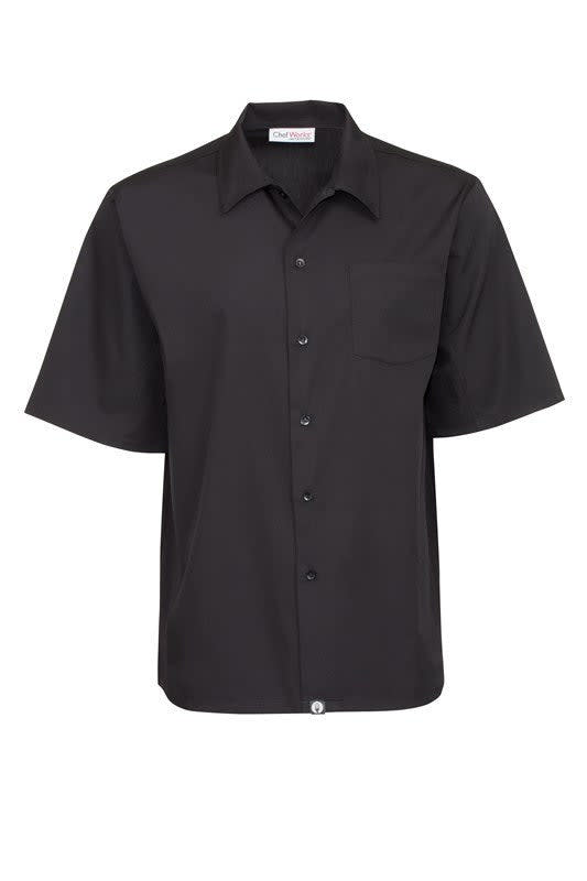A black short-sleeve cook shirt with a button-up front and a chest pocket, featuring a logo.