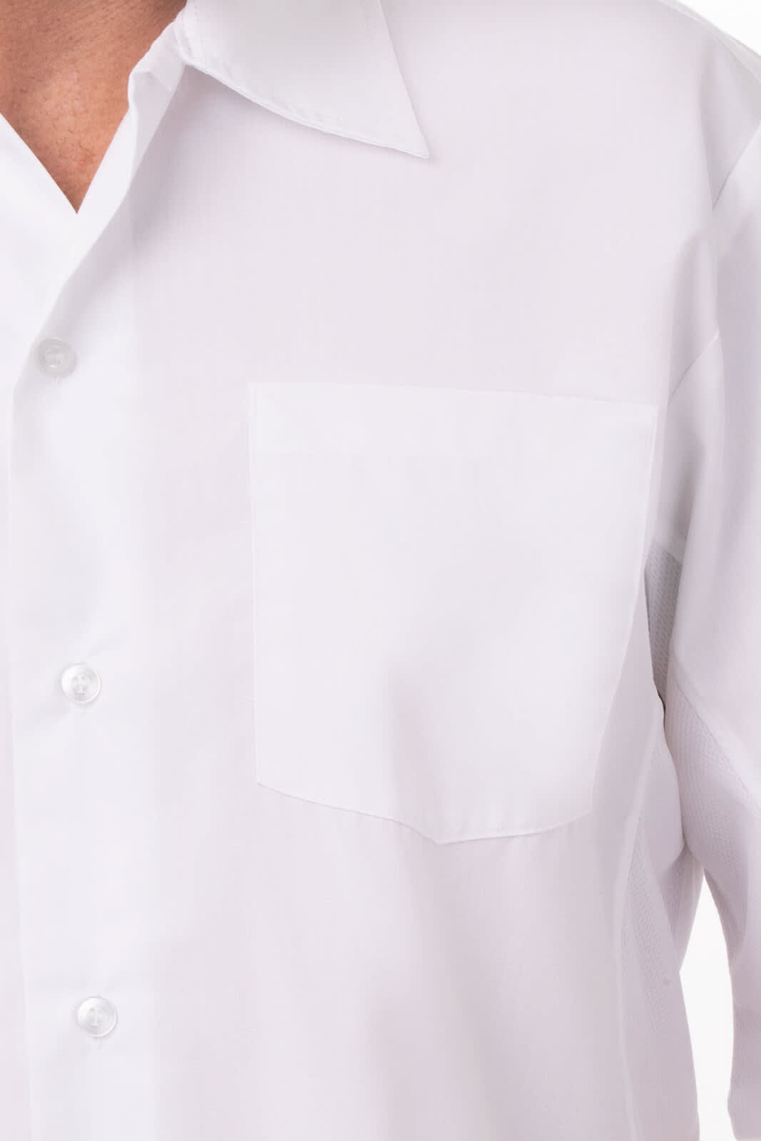 A white men's cook shirt featuring a pocket and classic collar. The fabric appears lightweight and breathable.