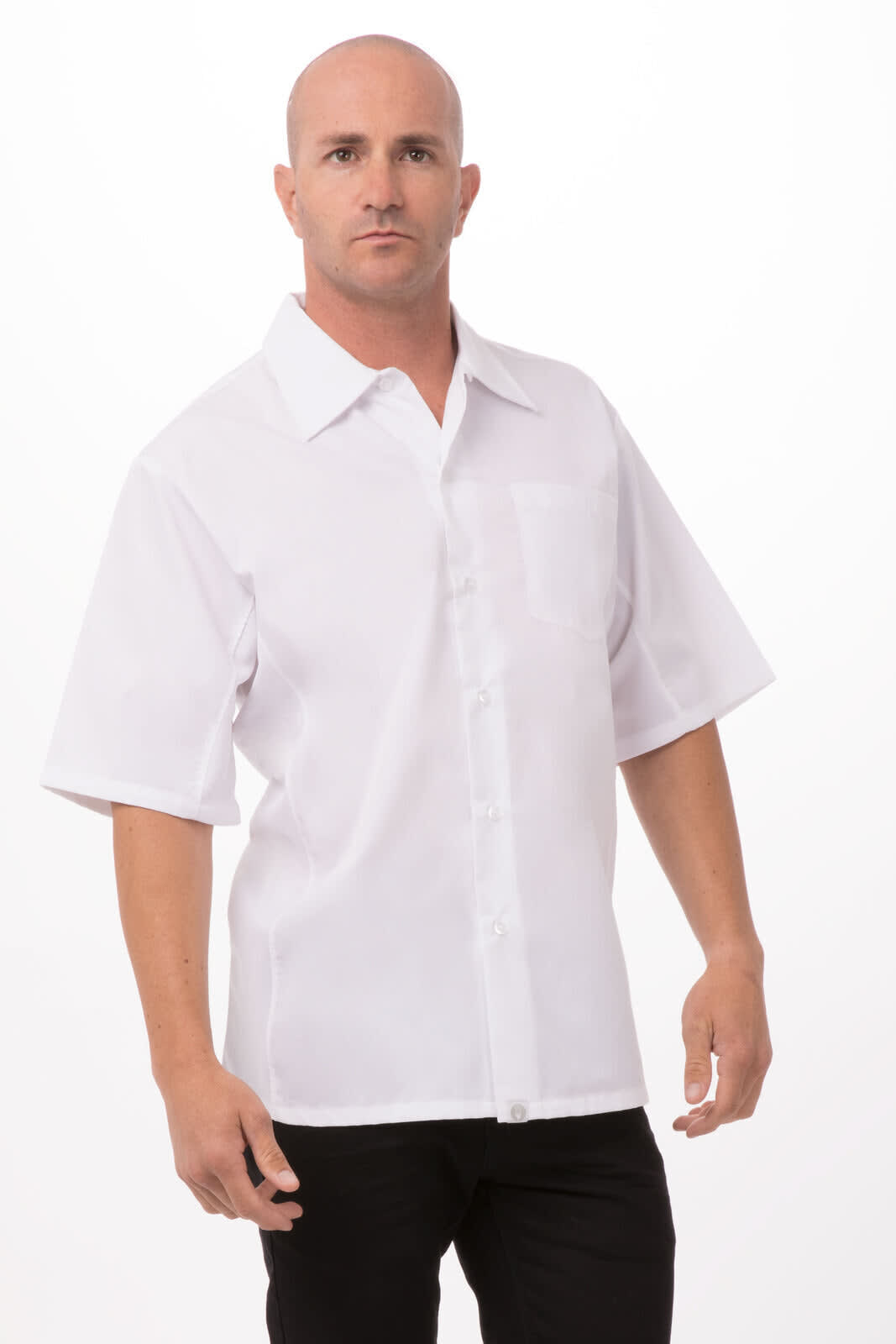 A white short-sleeve cook shirt with a buttoned front and a pocket, featuring a logo on the chest.