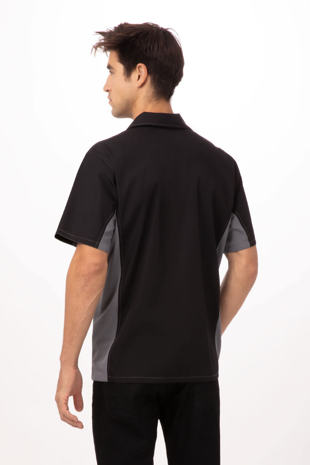 A men's shirt in black and grey with a collar and short sleeves, featuring a logo on the chest.