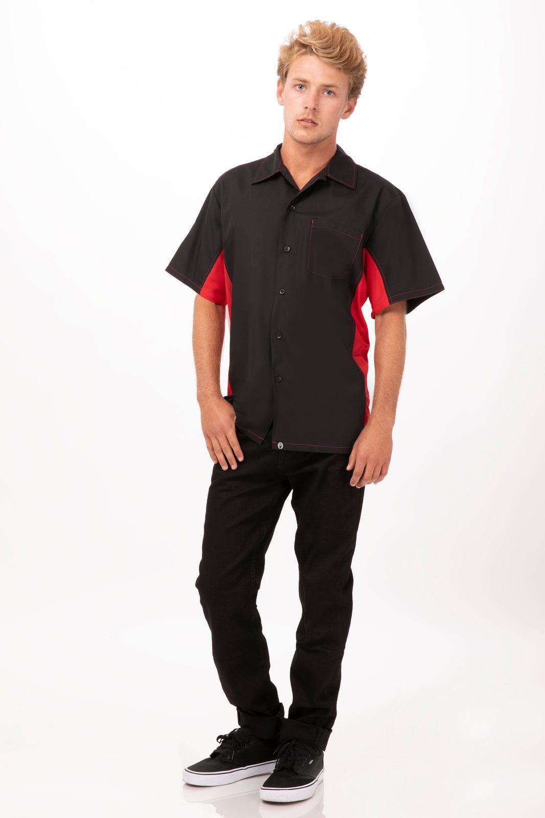 A men's short-sleeved shirt in black with red accents, featuring a logo on the front. Paired with black trousers.