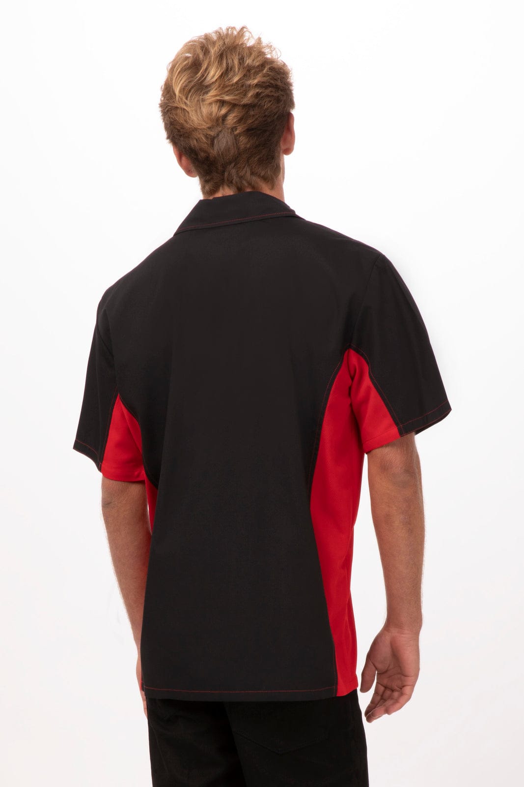 A men's shirt in black with red accents, featuring a collared design and short sleeves. The back view is displayed.