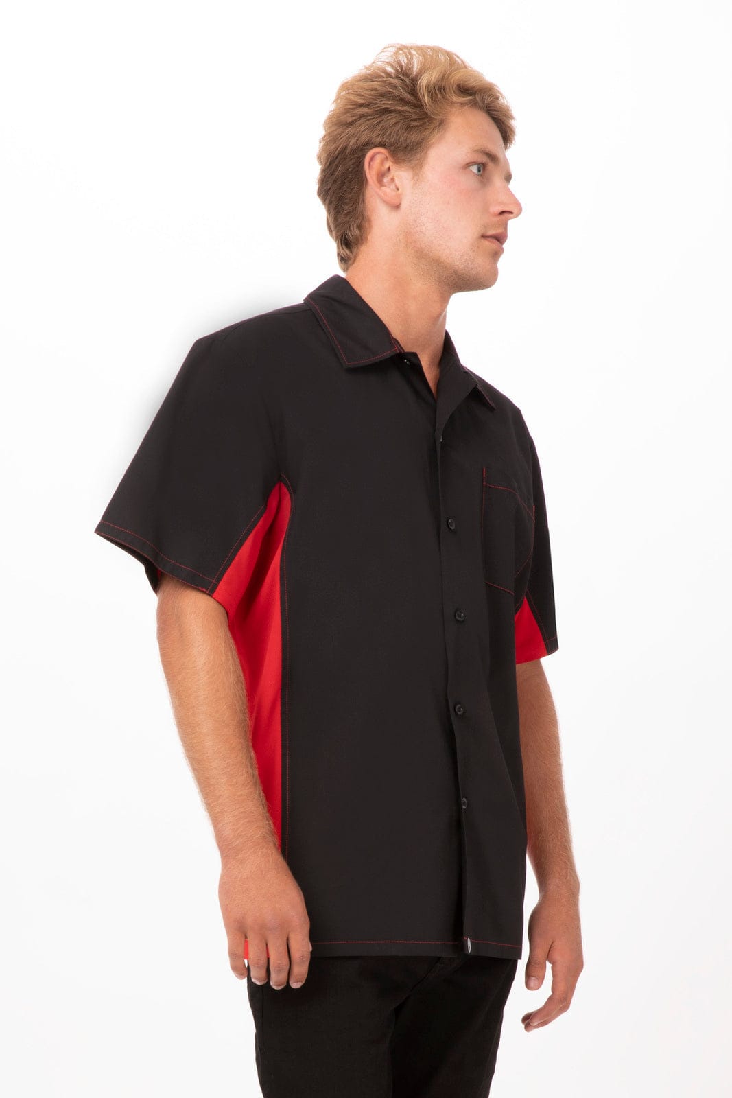 A men's short-sleeve shirt in black with red accents, featuring a collar and button front, displayed on a model.