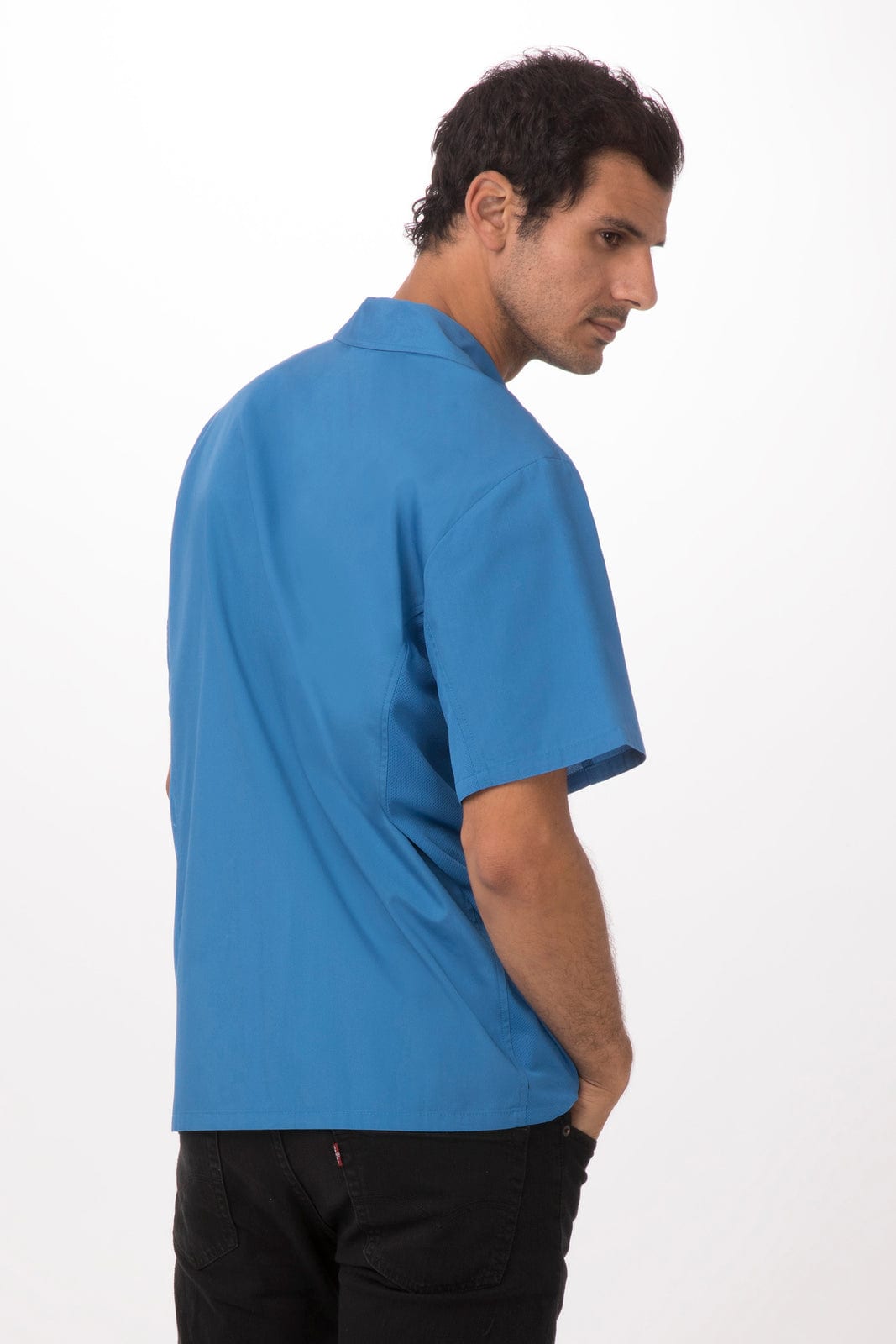 A blue short-sleeved shirt, viewed from the back, featuring a collar and a logo.
