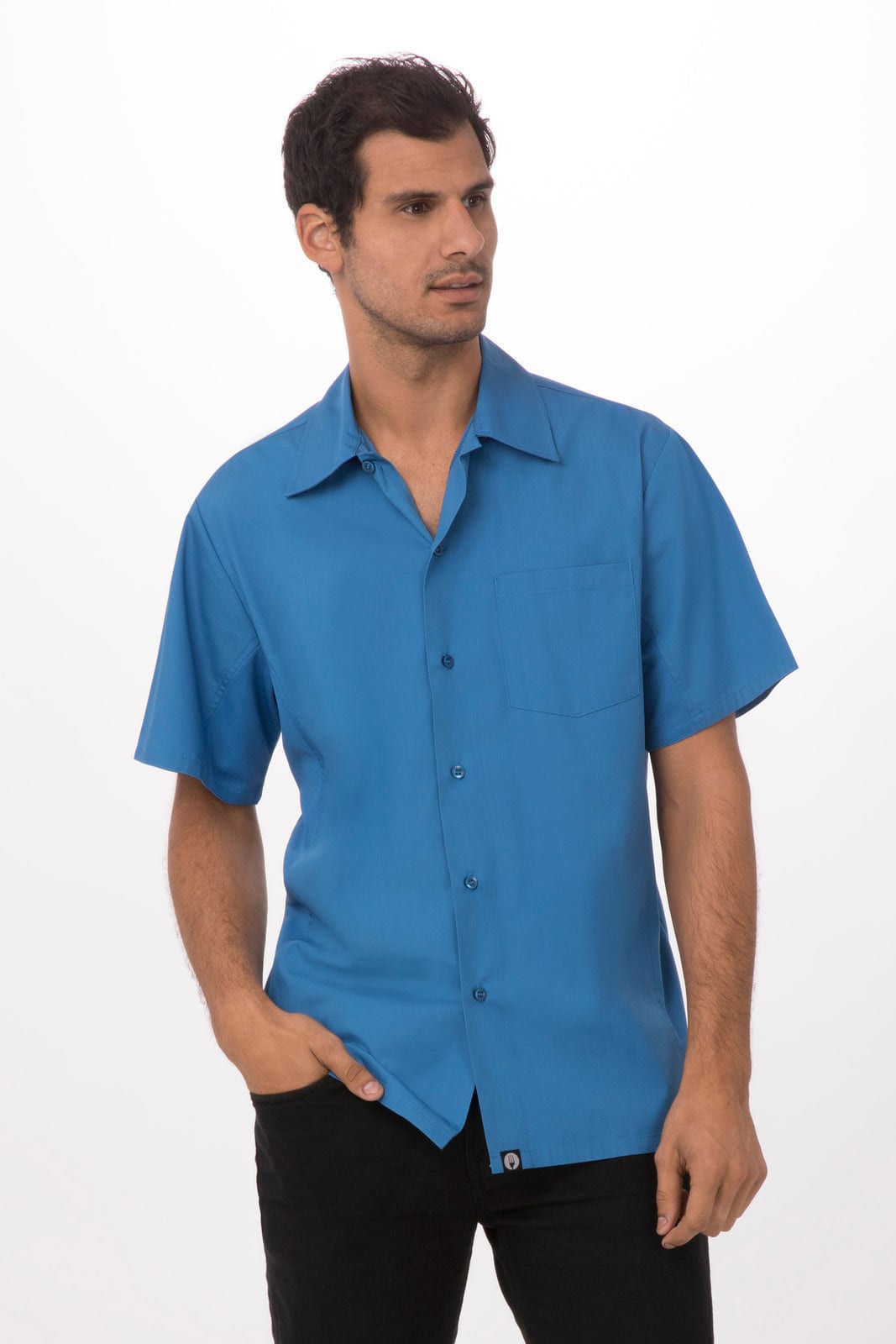 A blue short-sleeved men's shirt with a button-up front and a chest pocket, featuring a logo on the fabric.
