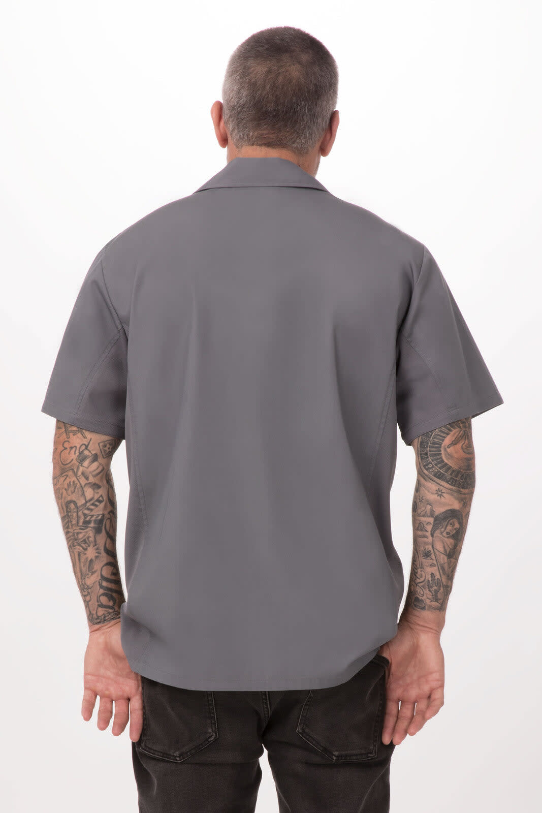 A grey short-sleeved men's shirt with a collar, featuring a logo on the back.